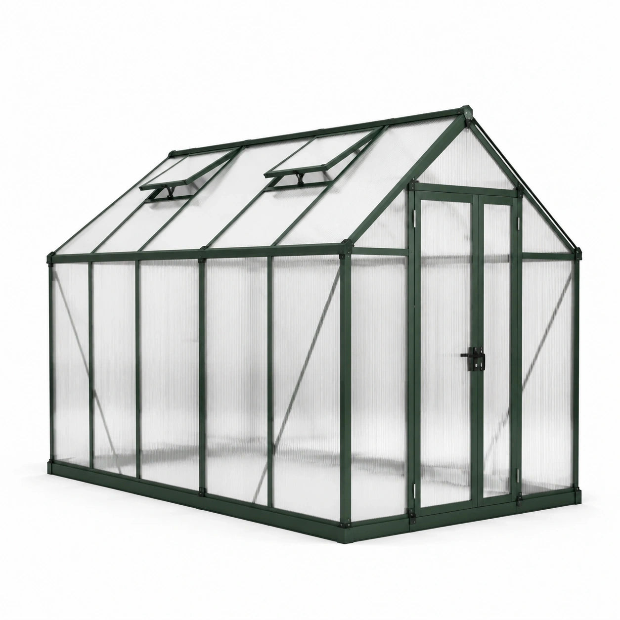 Serre de jardin en aluminium vert et polycarbonate transparent, 250 x 190 x 195 cm, double porte et 2 lucarnes