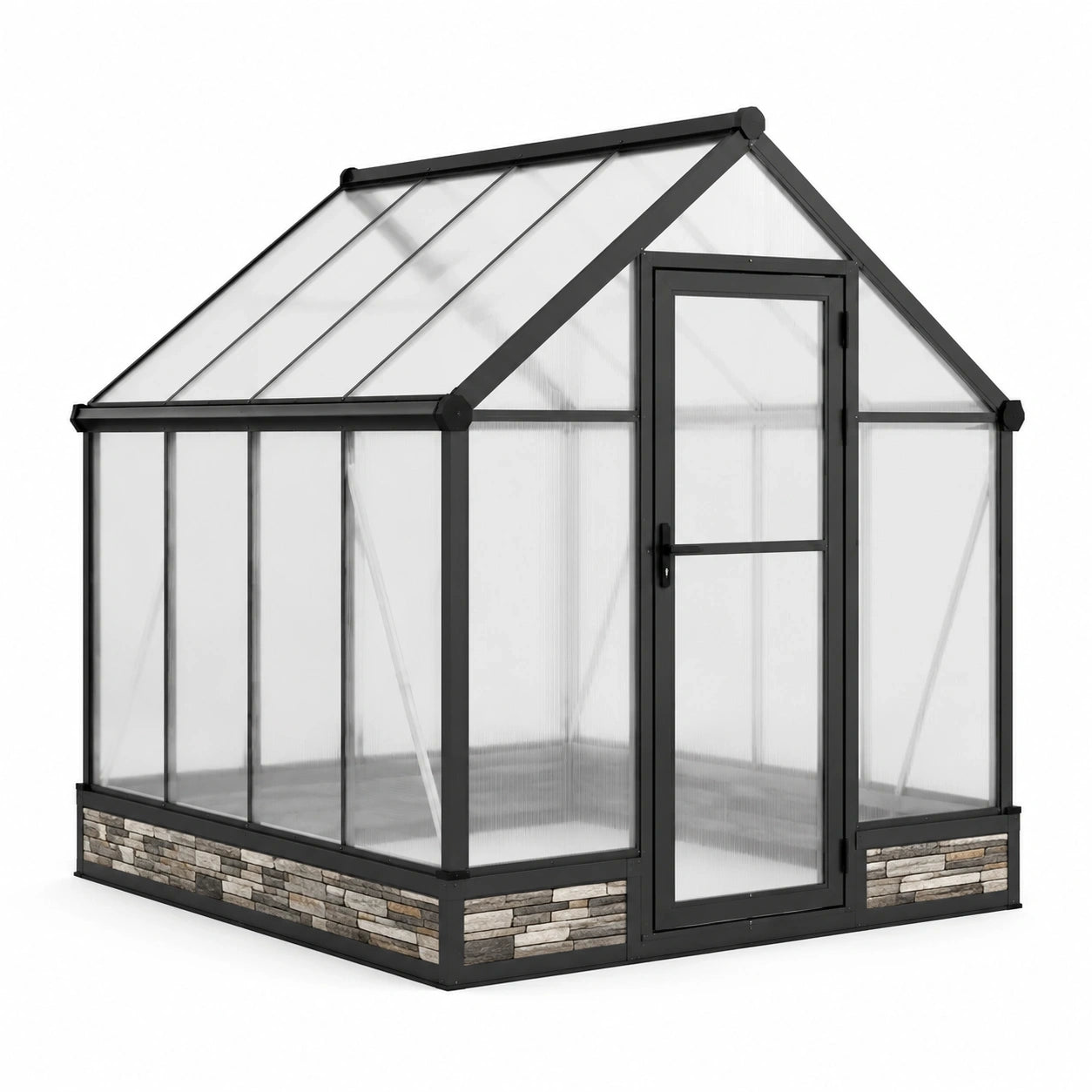Serre de jardin en aluminium noir et polycarbonate transparent avec soubassement gris, 190 x 250 x 220 cm