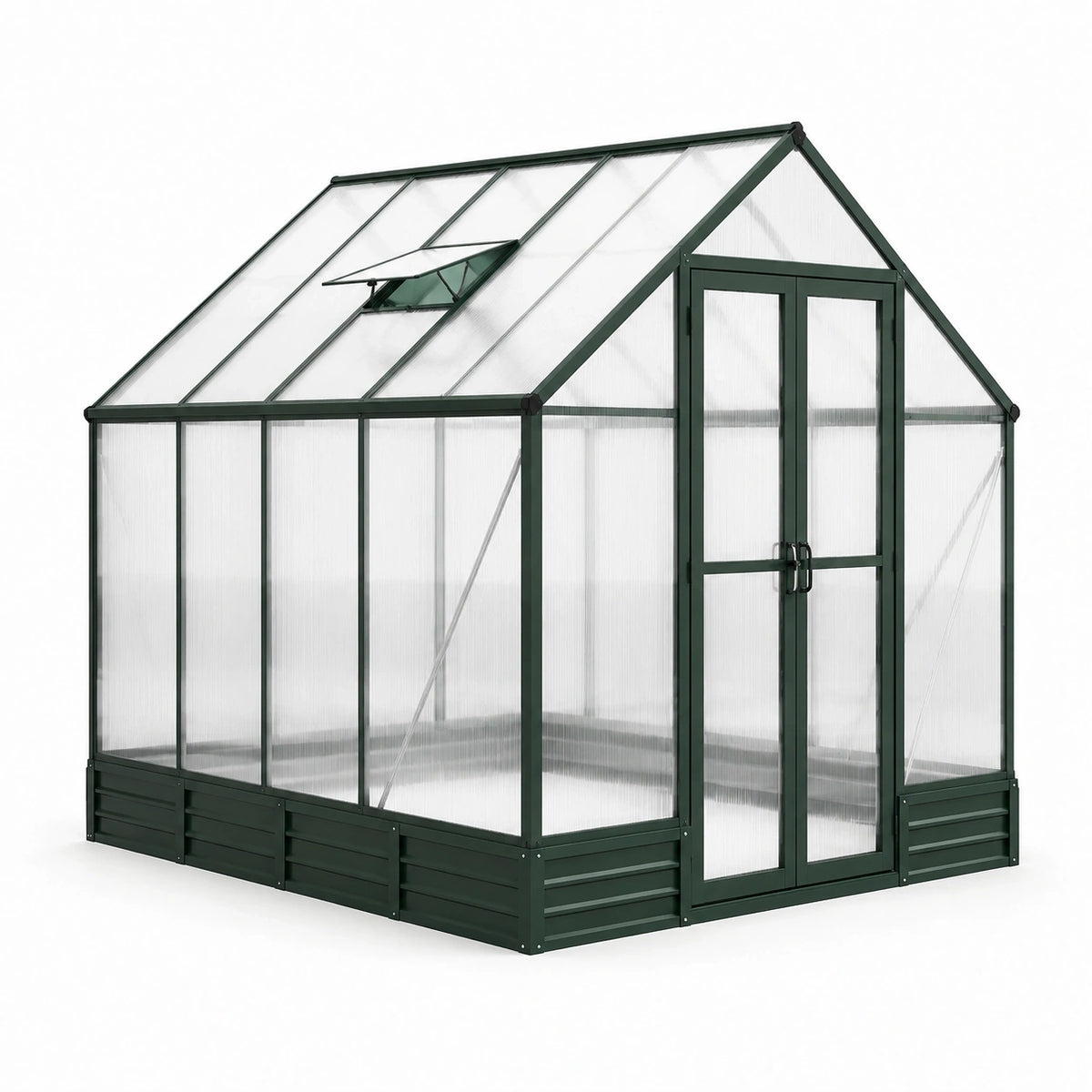 Serre de jardin en aluminium vert foncé et polycarbonate transparent, 244 x 183 x 227 cm, double porte et lucarne