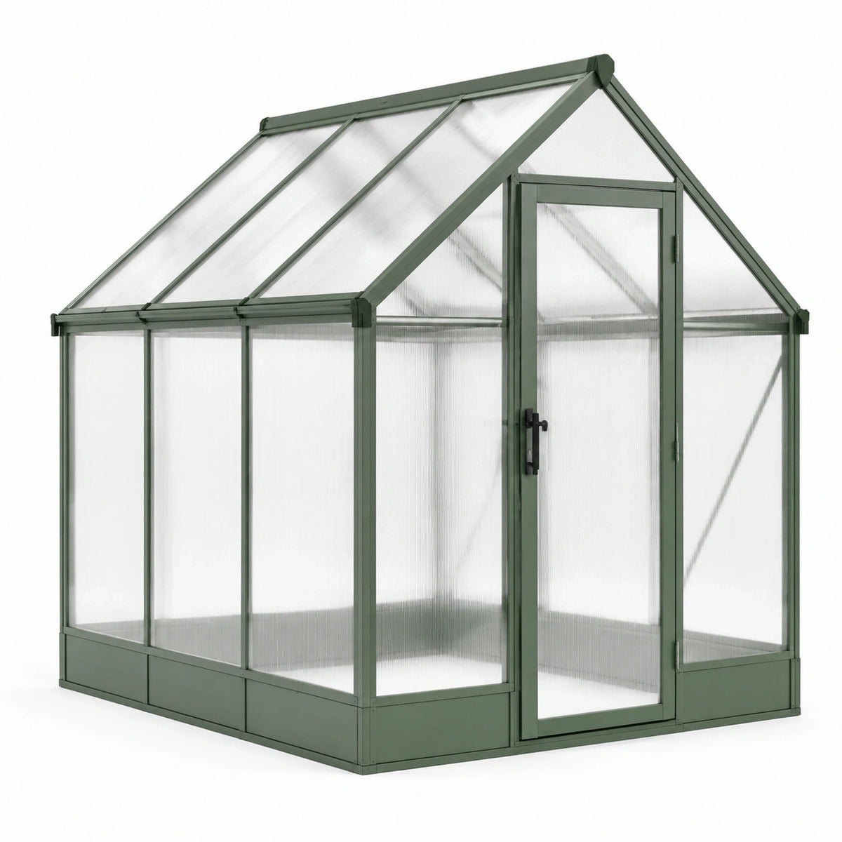 Serre de jardin en aluminium vert et polycarbonate transparent, 190 x 190 x 195 cm, avec porte battante et fenêtres de toit