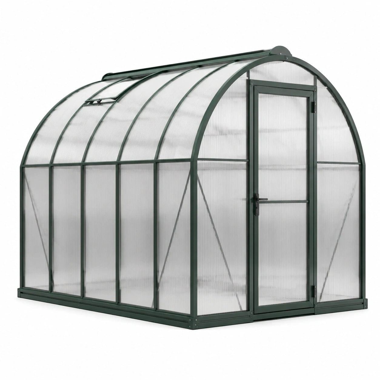 Serre de jardin en aluminium et polycarbonate 300 x 200 x 220 cm, vert foncé et transparent, toit arqué avec porte et lucarne