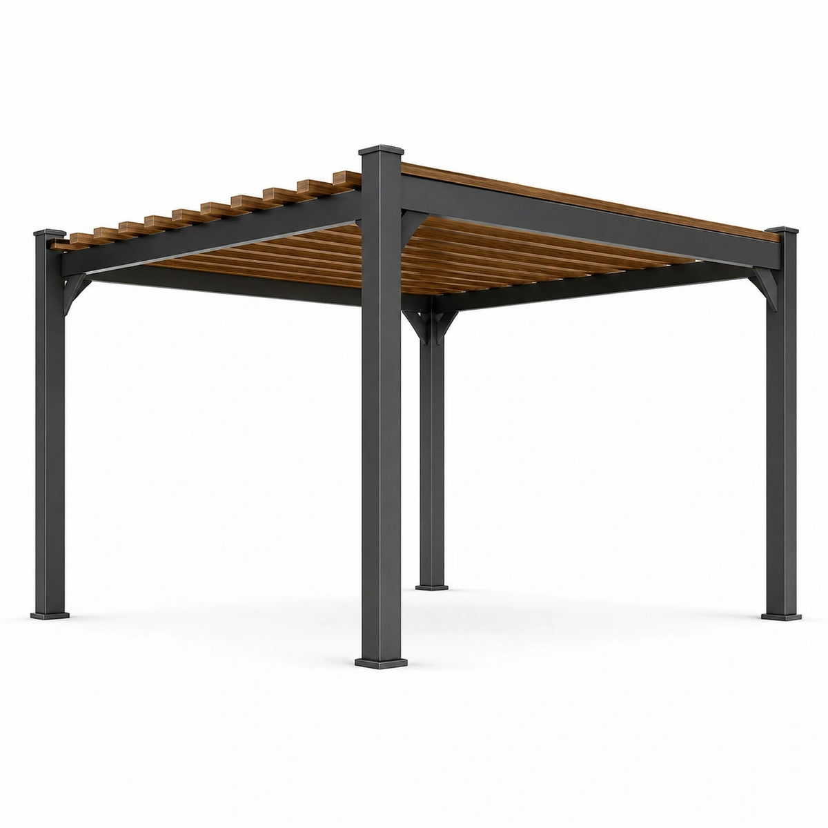 Pergola de jardin moderne en métal noir et bois brun, toit à lames ouvertes, 300 x 300 x 250 cm
