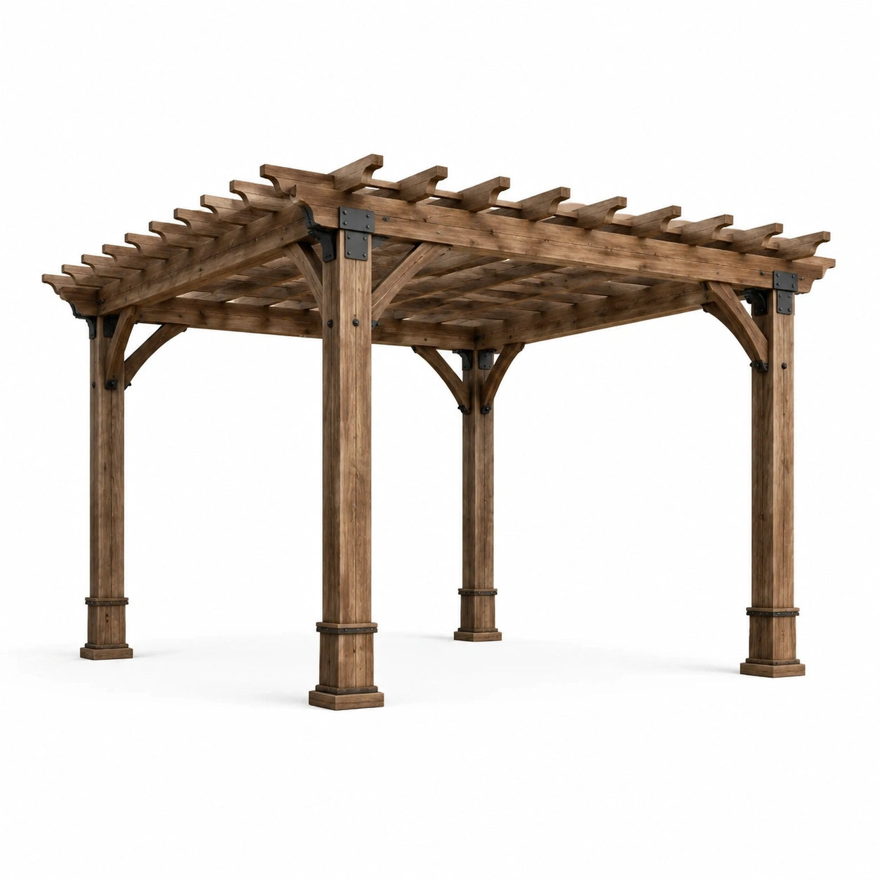 Pergola de jardin en bois brun avec ferrures noires et toit ajouré, 400 x 300 x 260 cm