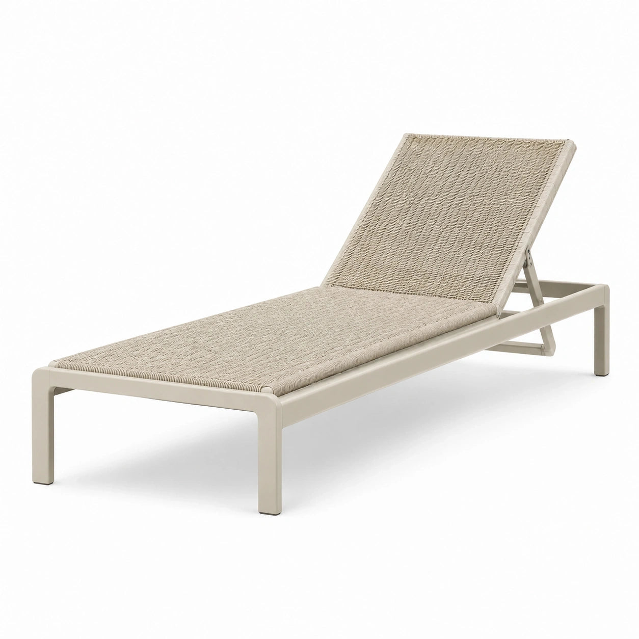 Bain de soleil beige en métal et corde tressée avec dossier inclinable, 195 x 65 x 95 cm