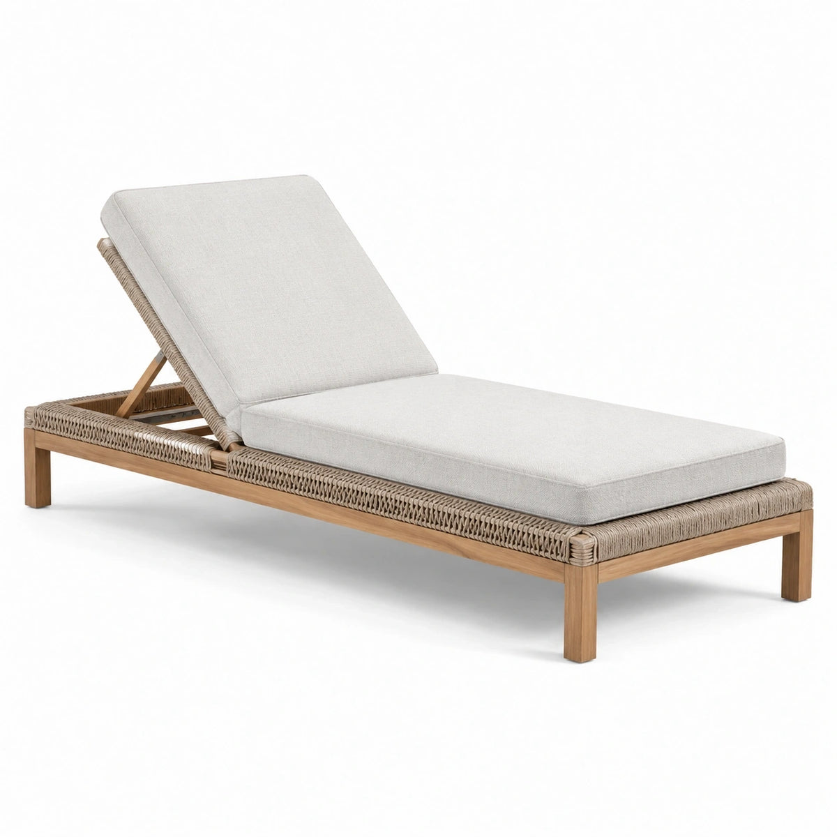 Bain de soleil réglable en bois naturel et corde tressée, coussin beige clair, 200 x 75 x 90 cm