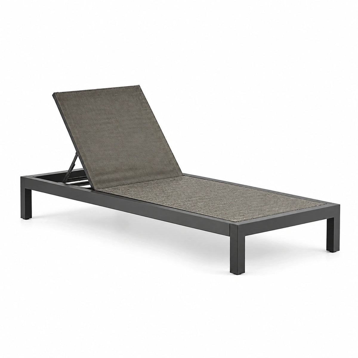 Bain de soleil en métal noir et textilène gris avec dossier inclinable, 198 x 65 x 34 cm