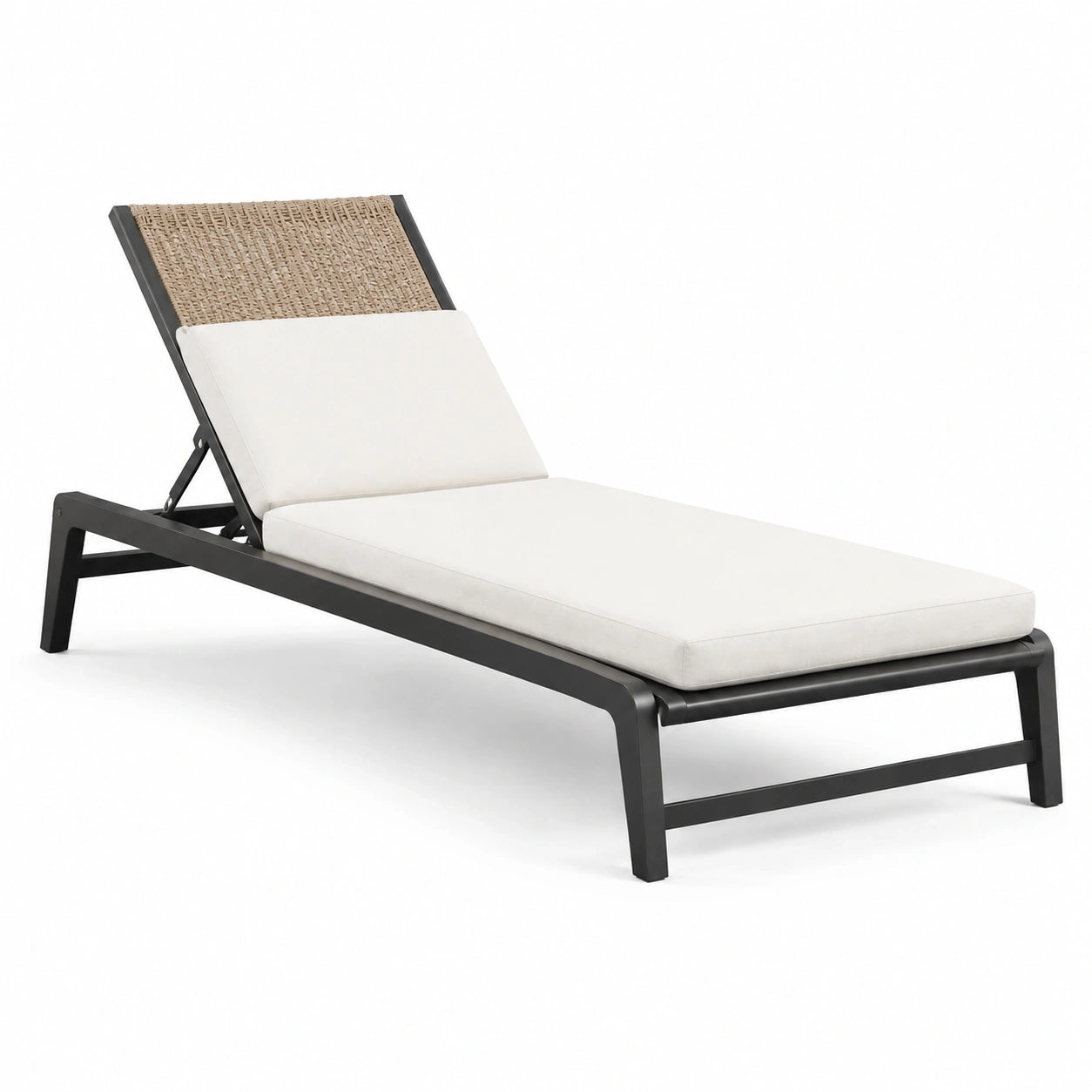 Bain de soleil réglable en métal anthracite avec corde tressée beige et coussin blanc cassé, 200 x 70 x 98 cm