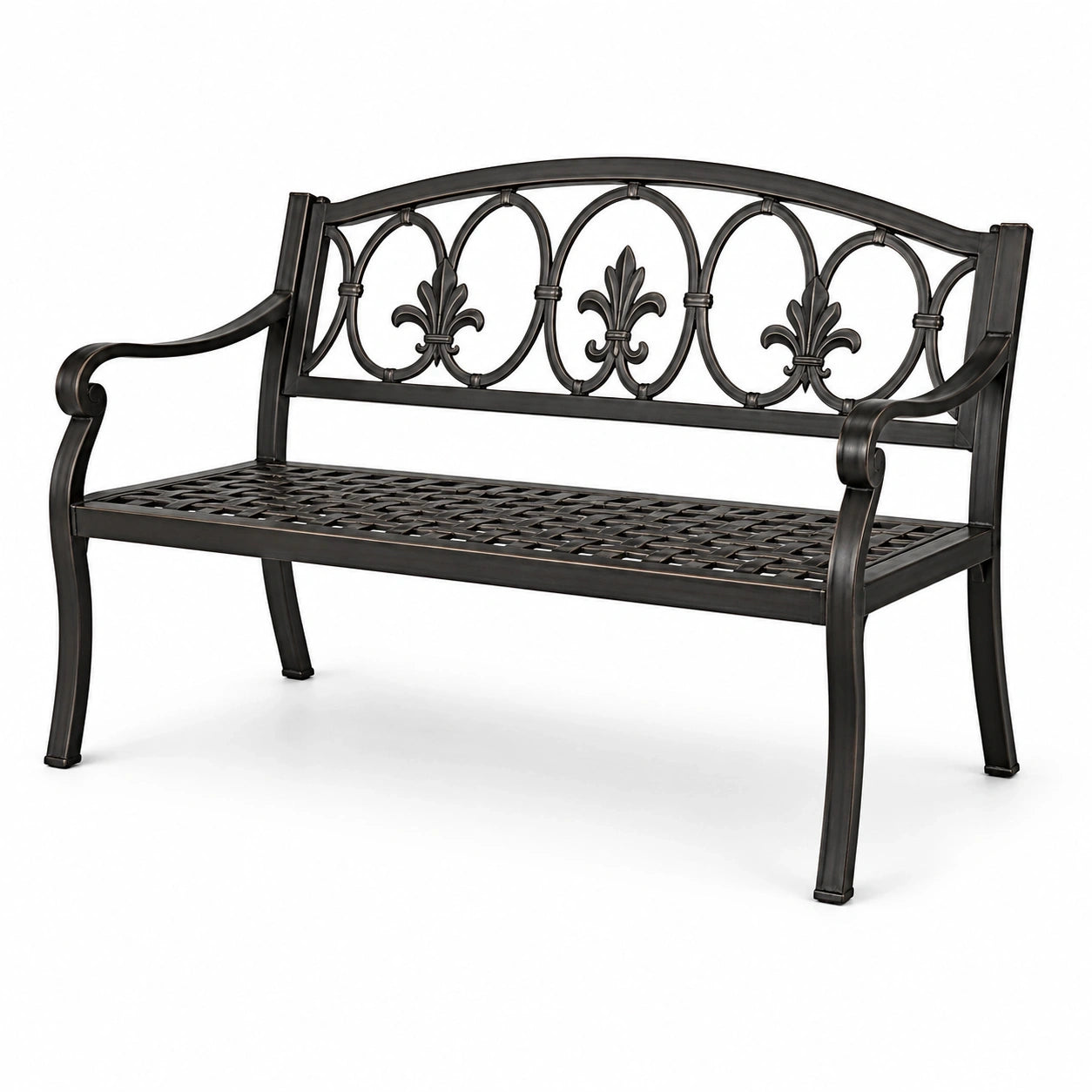 Banc de jardin 2 places en métal noir et bronze, 127 x 60 x 85 cm, dossier décoratif classique