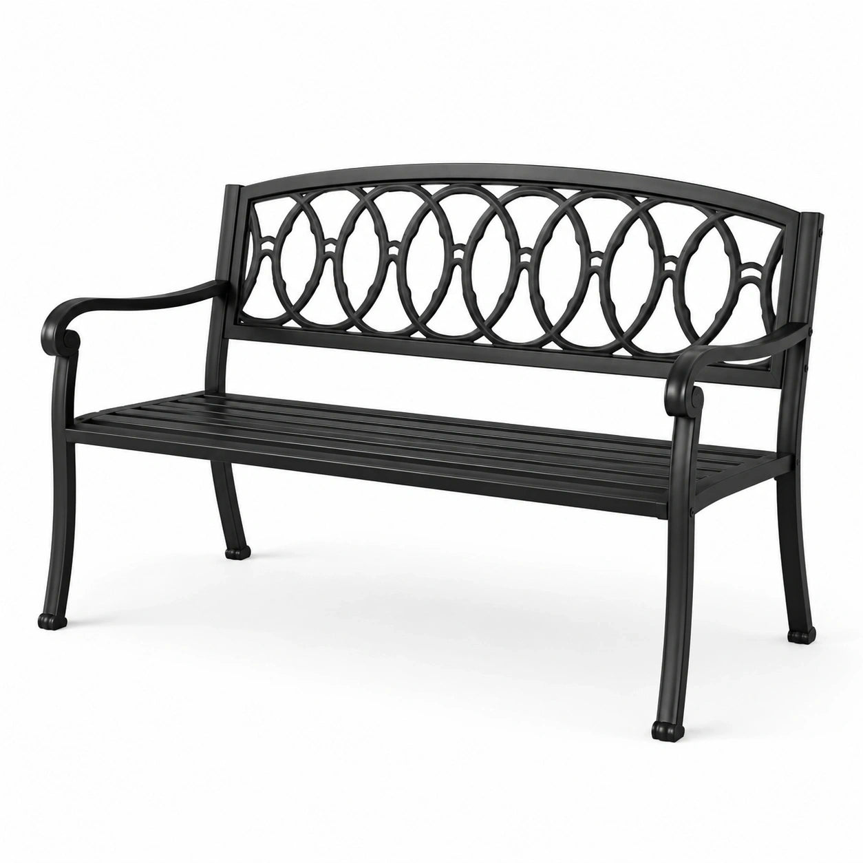 Banc de jardin 2 places en métal noir avec dossier ajouré décoratif, 127 x 60 x 85 cm