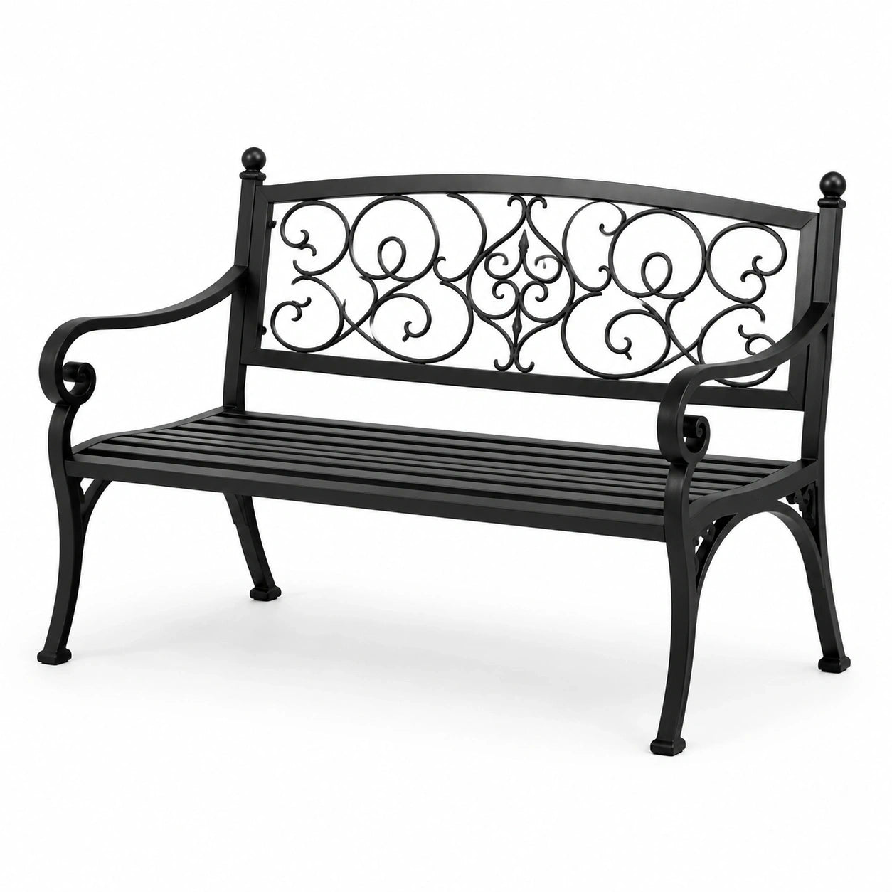 Banc de jardin en métal noir avec accoudoirs, 127 x 60 x 87 cm
