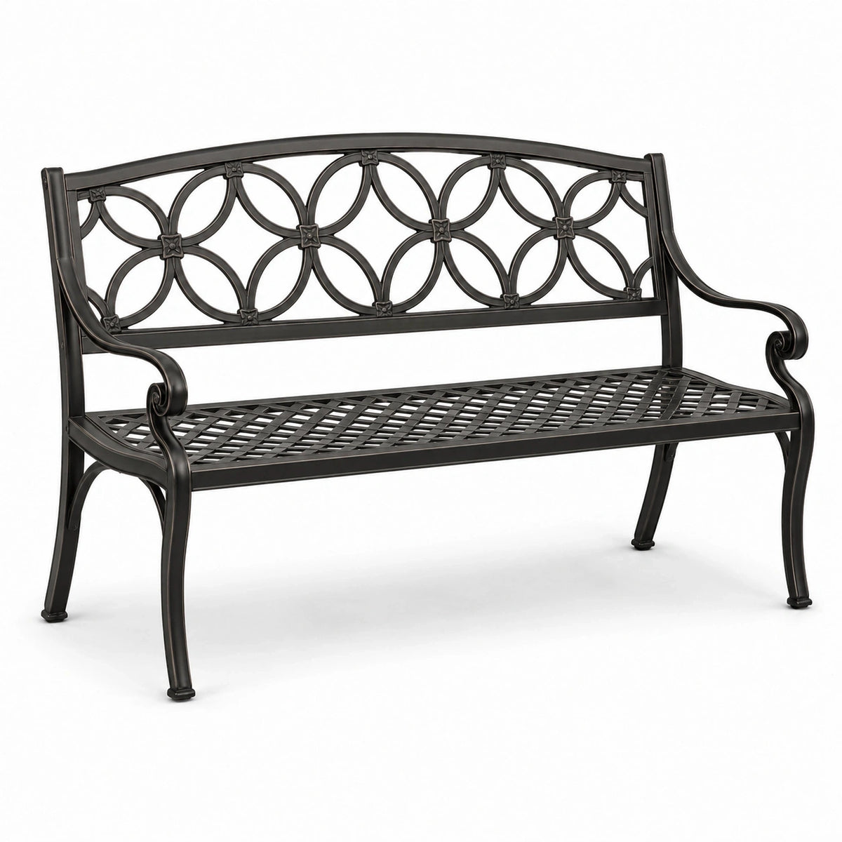 Banc de jardin 2 places en métal noir, 127 x 60 x 89 cm, dossier ajouré ornemental
