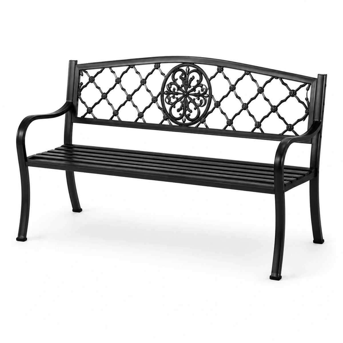 Banc de jardin en métal noir avec dossier décoratif, 127 x 60 x 87 cm