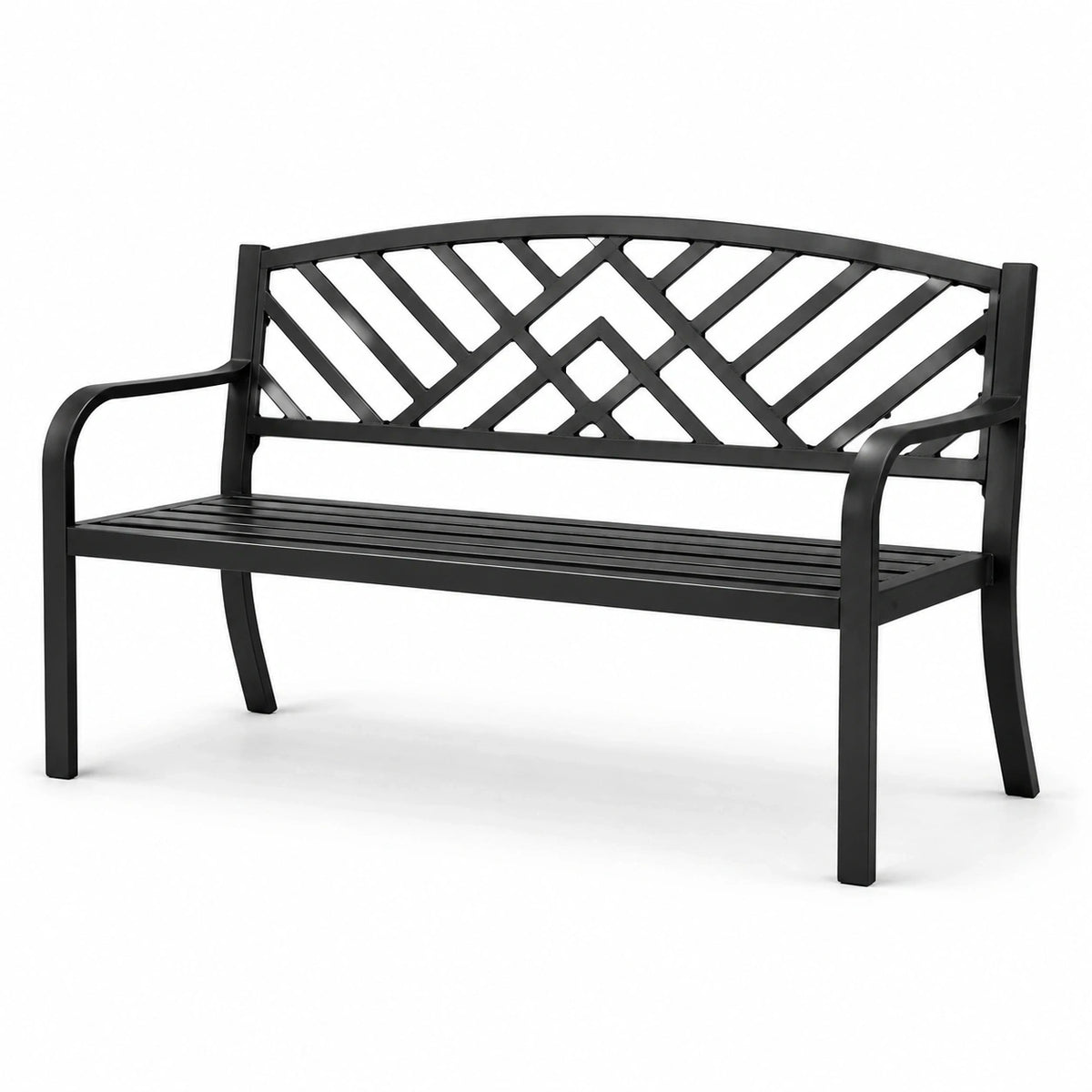 Banc de jardin en métal noir avec dossier ajouré et accoudoirs, 127 x 60 x 87 cm