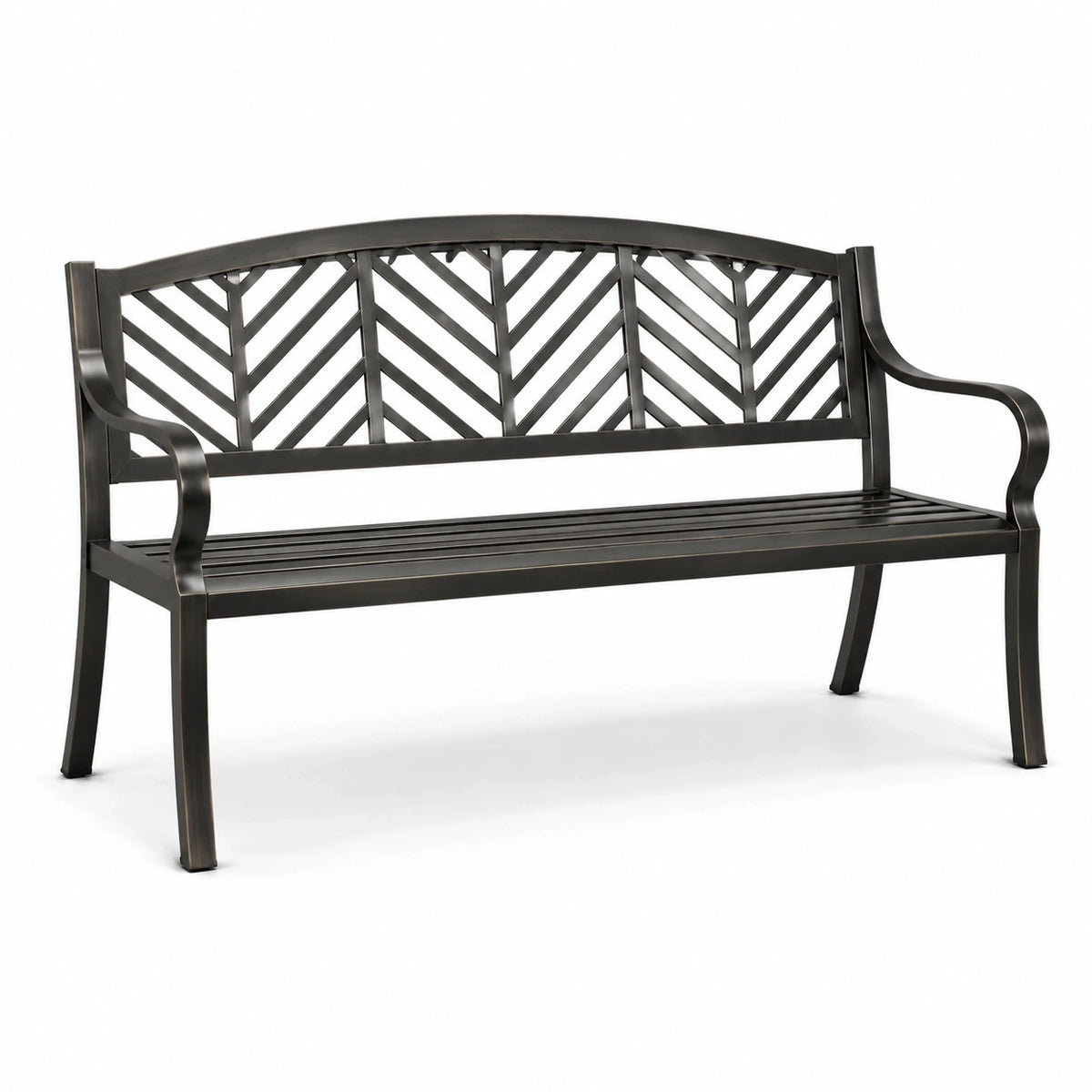 Banc de jardin en métal noir et bronze avec dossier ajouré à chevrons, 127 x 60 x 87 cm