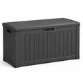Coffre de rangement extérieur en résine gris anthracite 130 x 65 x 64 cm, finition effet bois et couvercle verrouillable