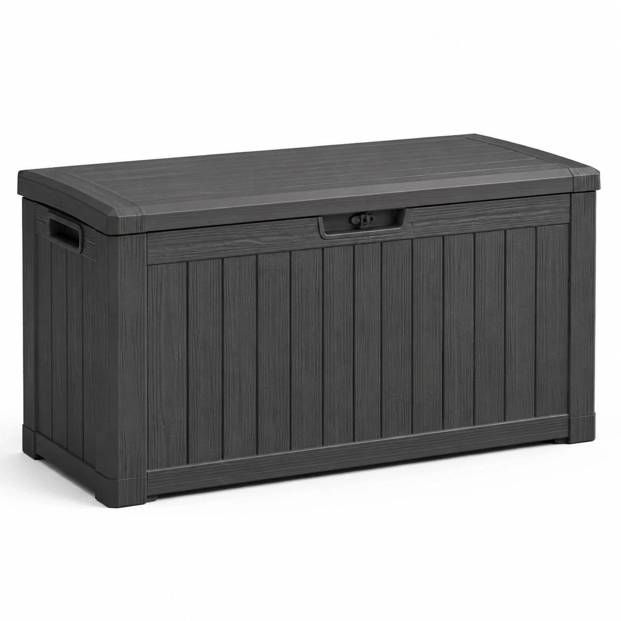 Coffre de rangement extérieur en résine gris anthracite 130 x 65 x 64 cm, finition effet bois et couvercle verrouillable