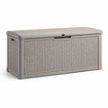Coffre de rangement extérieur en résine taupe 145 x 70 x 60 cm, finition aspect rotin avec couvercle
