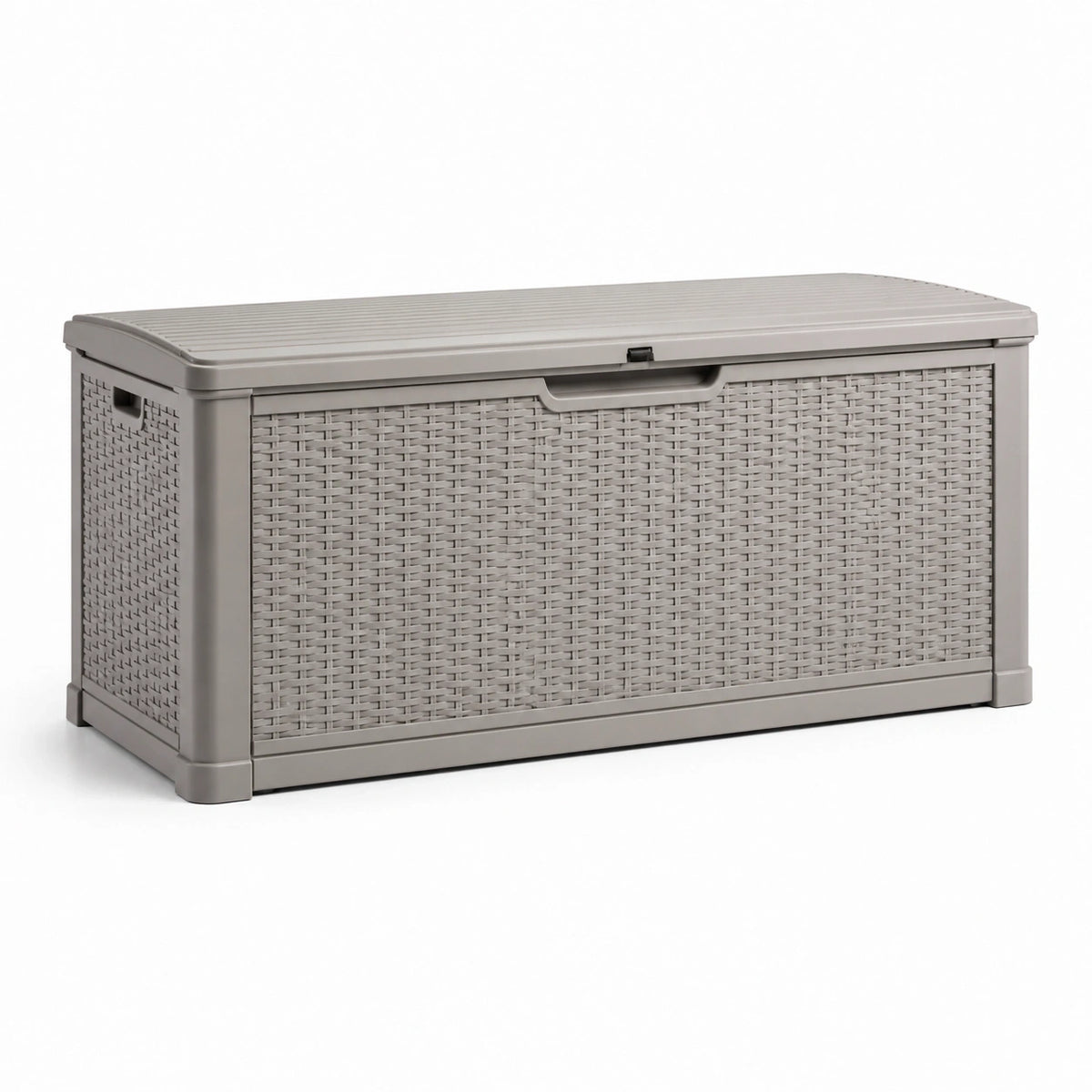 Coffre de rangement extérieur en résine taupe 145 x 70 x 60 cm, finition aspect rotin avec couvercle