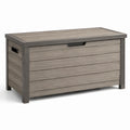 Coffre de rangement extérieur en résine effet bois gris taupe et anthracite avec couvercle, 124 x 55 x 61 cm