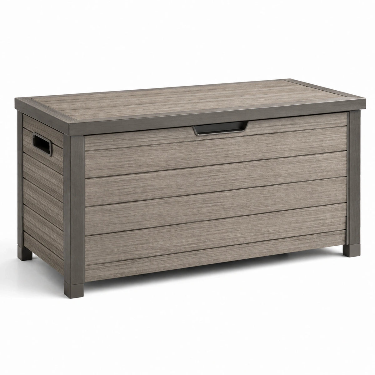 Coffre de rangement extérieur en résine effet bois gris taupe et anthracite avec couvercle, 124 x 55 x 61 cm