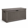 Coffre de rangement extérieur en résine marron effet bois avec couvercle relevable, 117 x 45 x 57 cm