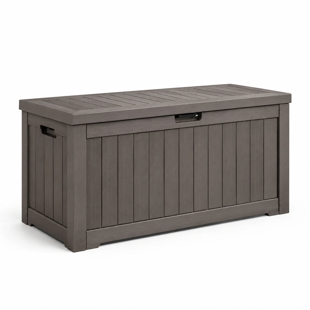 Coffre de rangement extérieur en résine marron effet bois avec couvercle relevable, 117 x 45 x 57 cm