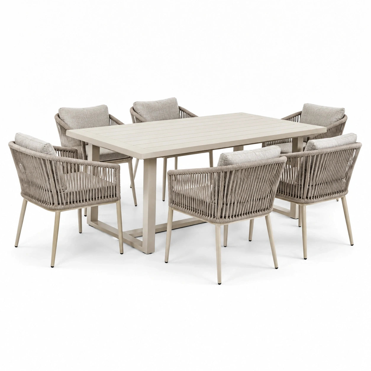 Ensemble repas de jardin 7 pièces beige, taupe et grège avec table 180 x 100 x 75 cm et 6 fauteuils 62 x 64 x 82 cm