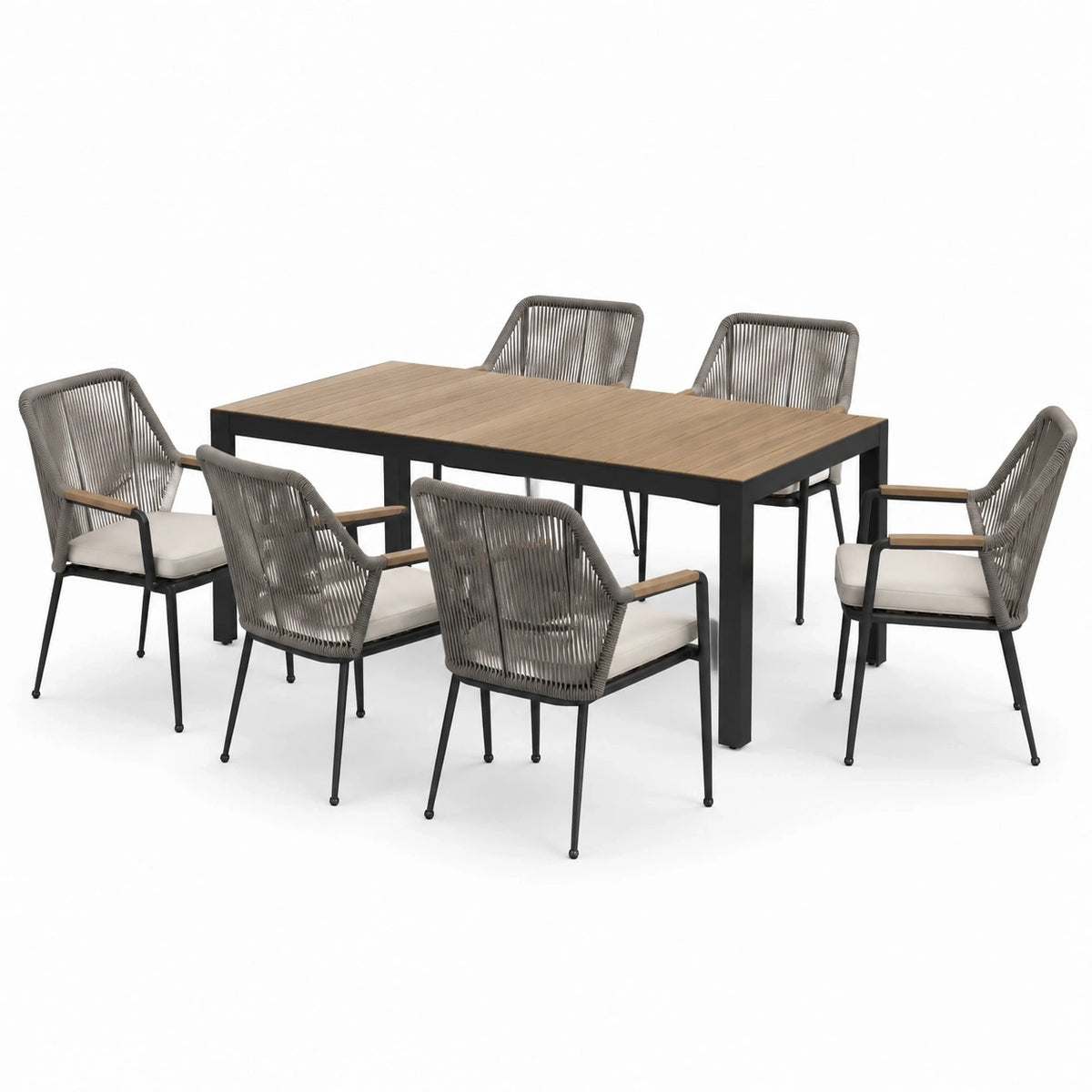 Ensemble repas de jardin 7 pièces avec table 180 x 90 x 75 cm et 6 fauteuils, noir, gris, beige et marron clair