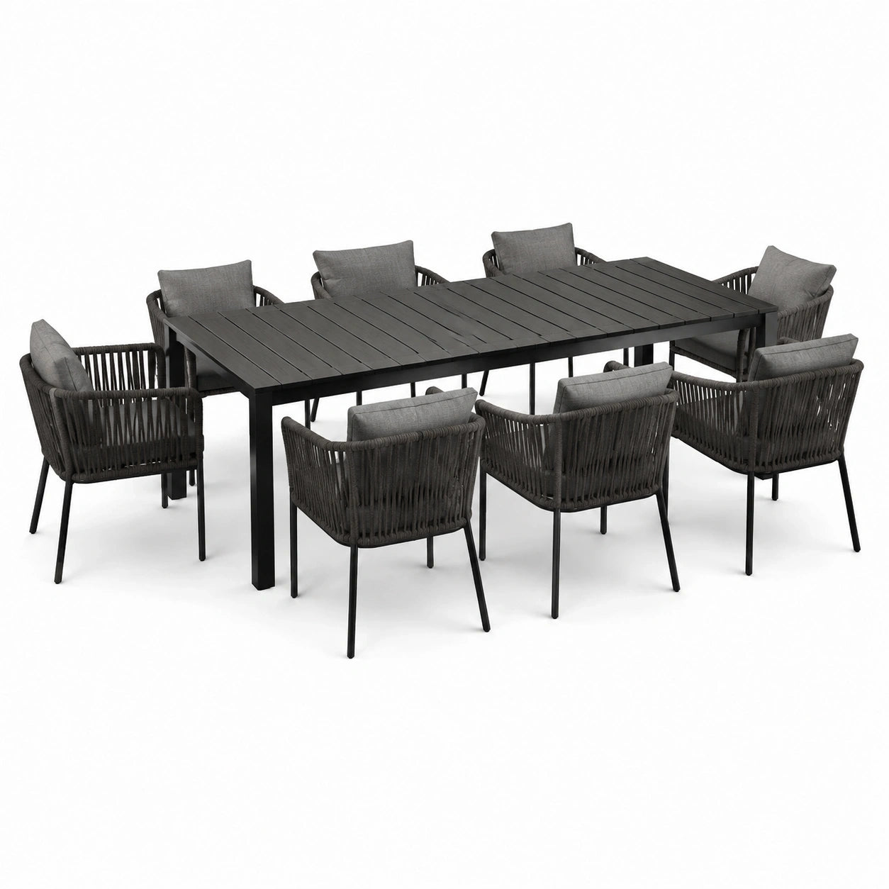 Ensemble repas de jardin 9 pièces noir, anthracite et gris avec table 220 x 100 x 77,5 cm et 8 fauteuils 60 x 62 x 82 cm