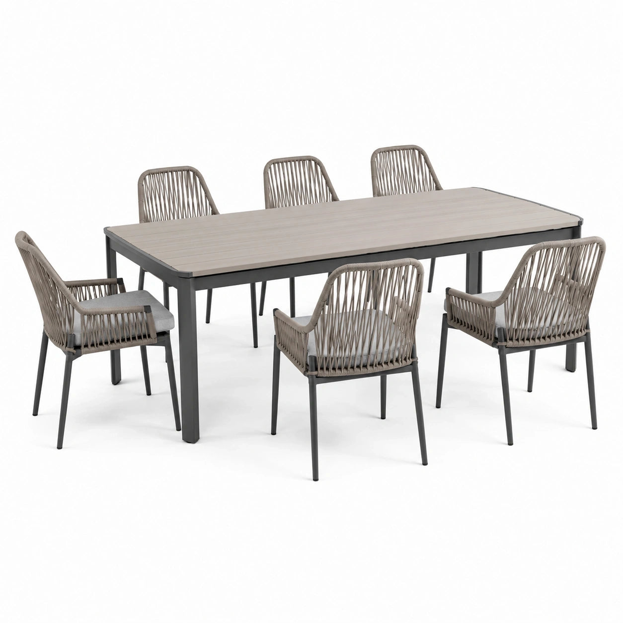 Ensemble repas de jardin 7 pièces taupe et anthracite, table 200 x 100 x 75 cm et 6 fauteuils tressés