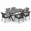 Ensemble de repas extérieur 7 pièces noir et écru avec table 180 x 90 x 75 cm et 6 fauteuils 58 x 61 x 82 cm