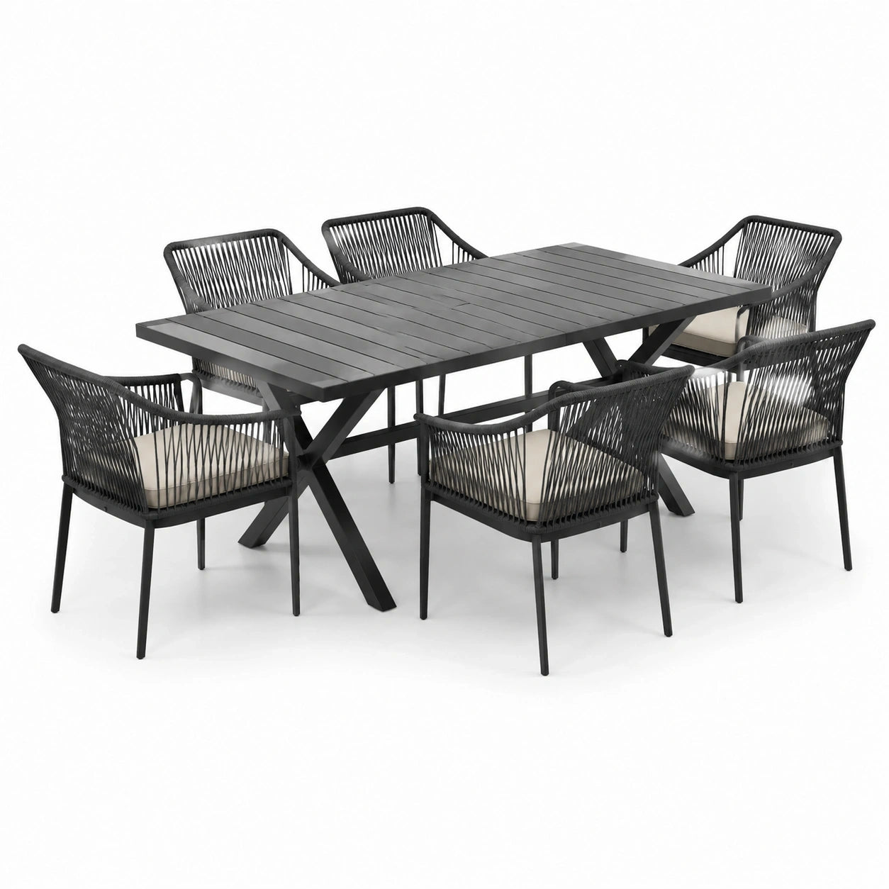 Ensemble de repas extérieur 7 pièces noir et écru avec table 180 x 90 x 75 cm et 6 fauteuils 58 x 61 x 82 cm