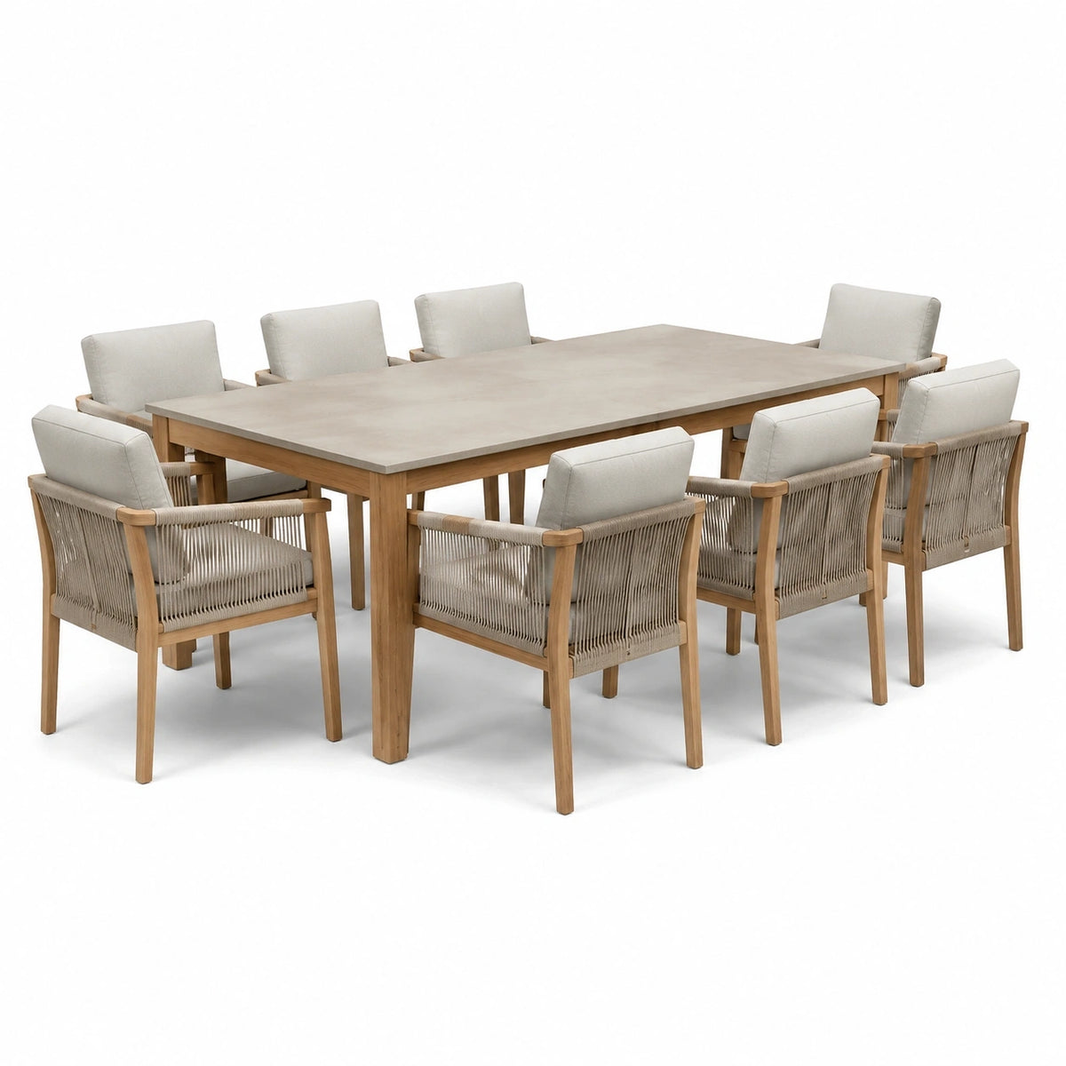 Ensemble repas de jardin 9 pièces bois naturel, gris et beige – table 220 x 100 x 75 cm et 8 fauteuils 61 x 62 x 84 cm