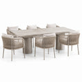 Ensemble repas 7 pièces beige et grège, table effet béton 220 x 100 x 75 cm et 6 fauteuils tressés 60 x 60 x 80 cm