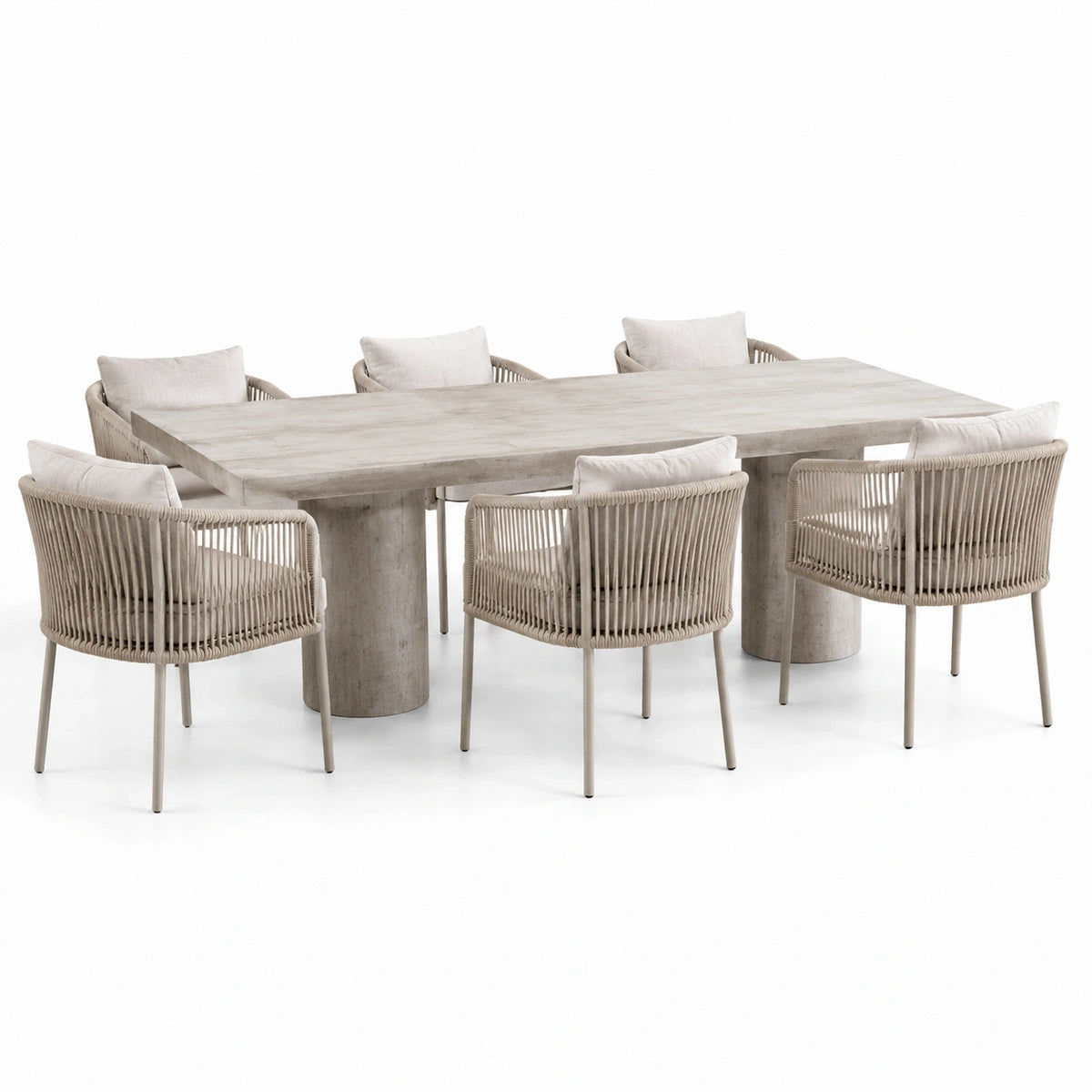 Ensemble repas 7 pièces beige et grège, table effet béton 220 x 100 x 75 cm et 6 fauteuils tressés 60 x 60 x 80 cm