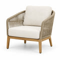 Fauteuil de jardin contemporain en bois naturel et corde beige avec coussins écrus, 78 x 78 x 82 cm