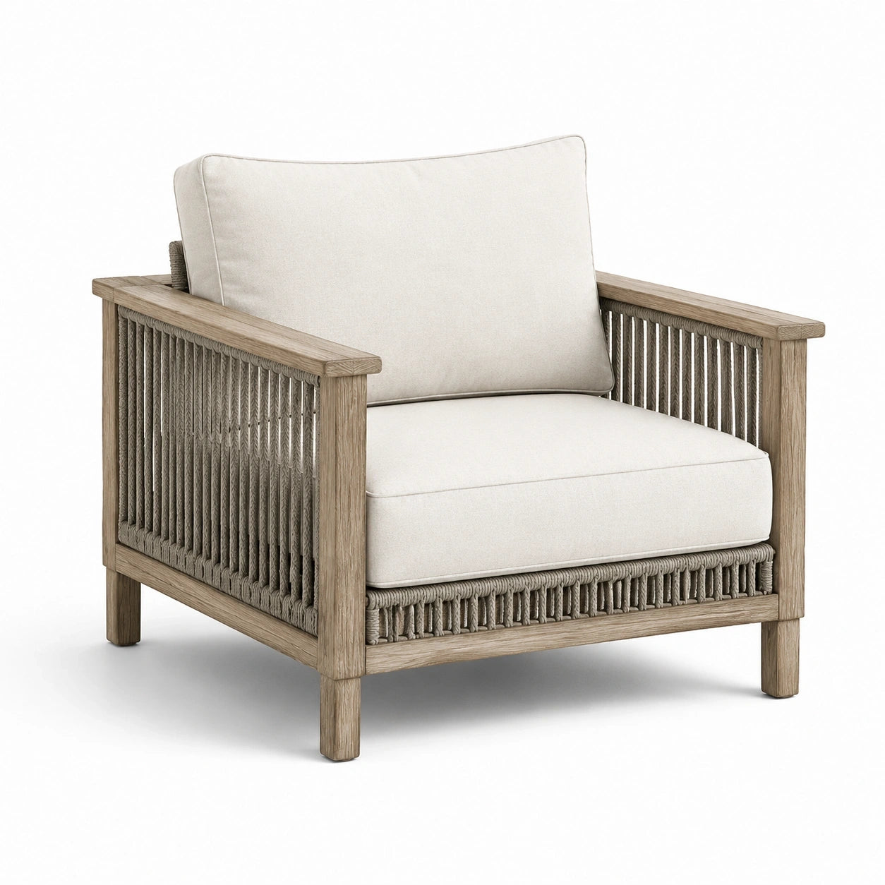Fauteuil de jardin en bois, corde taupe et tissu beige, 89 x 84 x 84 cm, style naturel