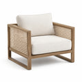 Fauteuil en bois brun naturel avec cannage et coussins écrus, 78 x 82 x 75 cm