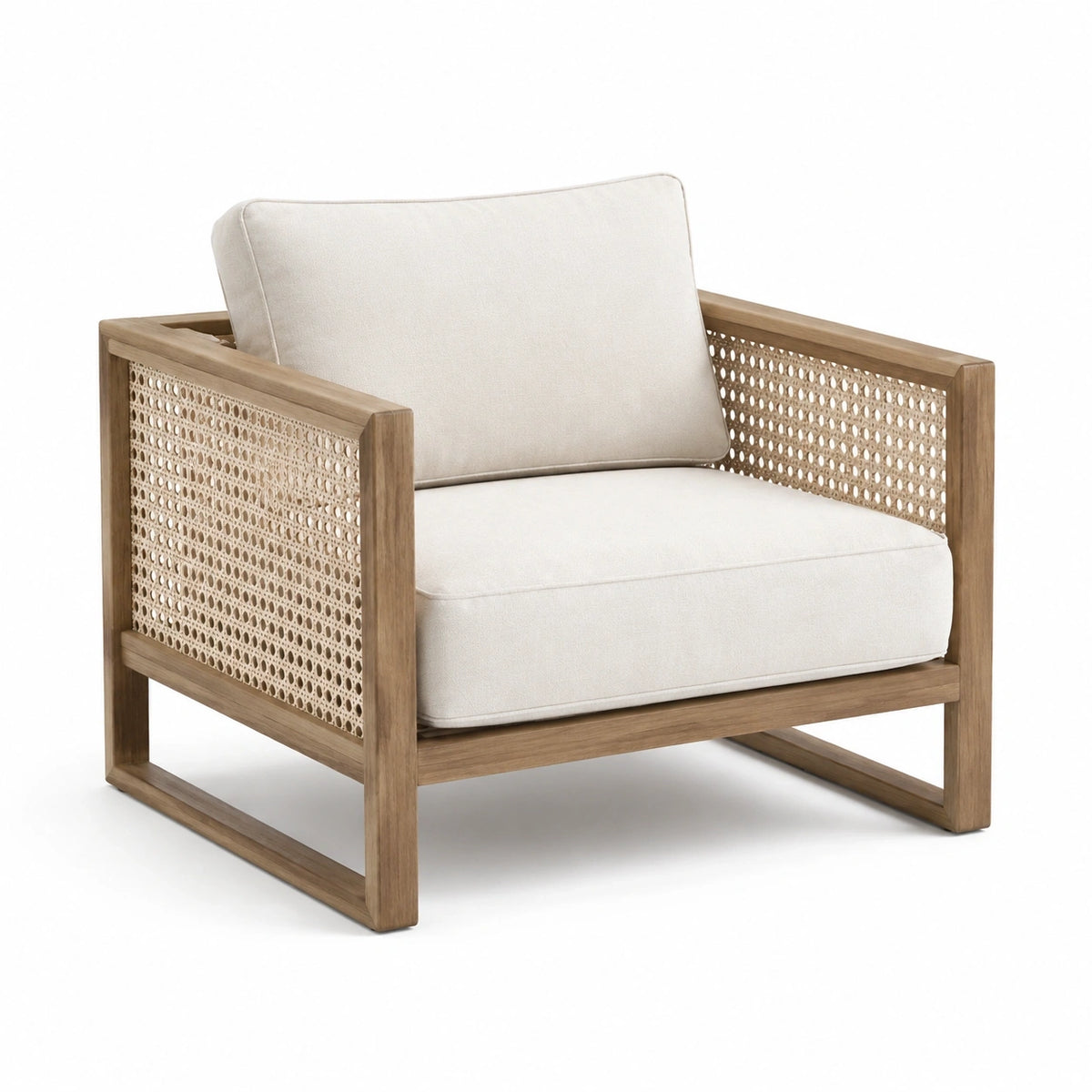 Fauteuil en bois brun naturel avec cannage et coussins écrus, 78 x 82 x 75 cm