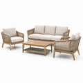 Salon de jardin 4 pièces beige et marron clair avec canapé 200 x 82 x 80 cm, 2 fauteuils 82 x 82 x 80 cm et table 110 x 60 x 43 cm