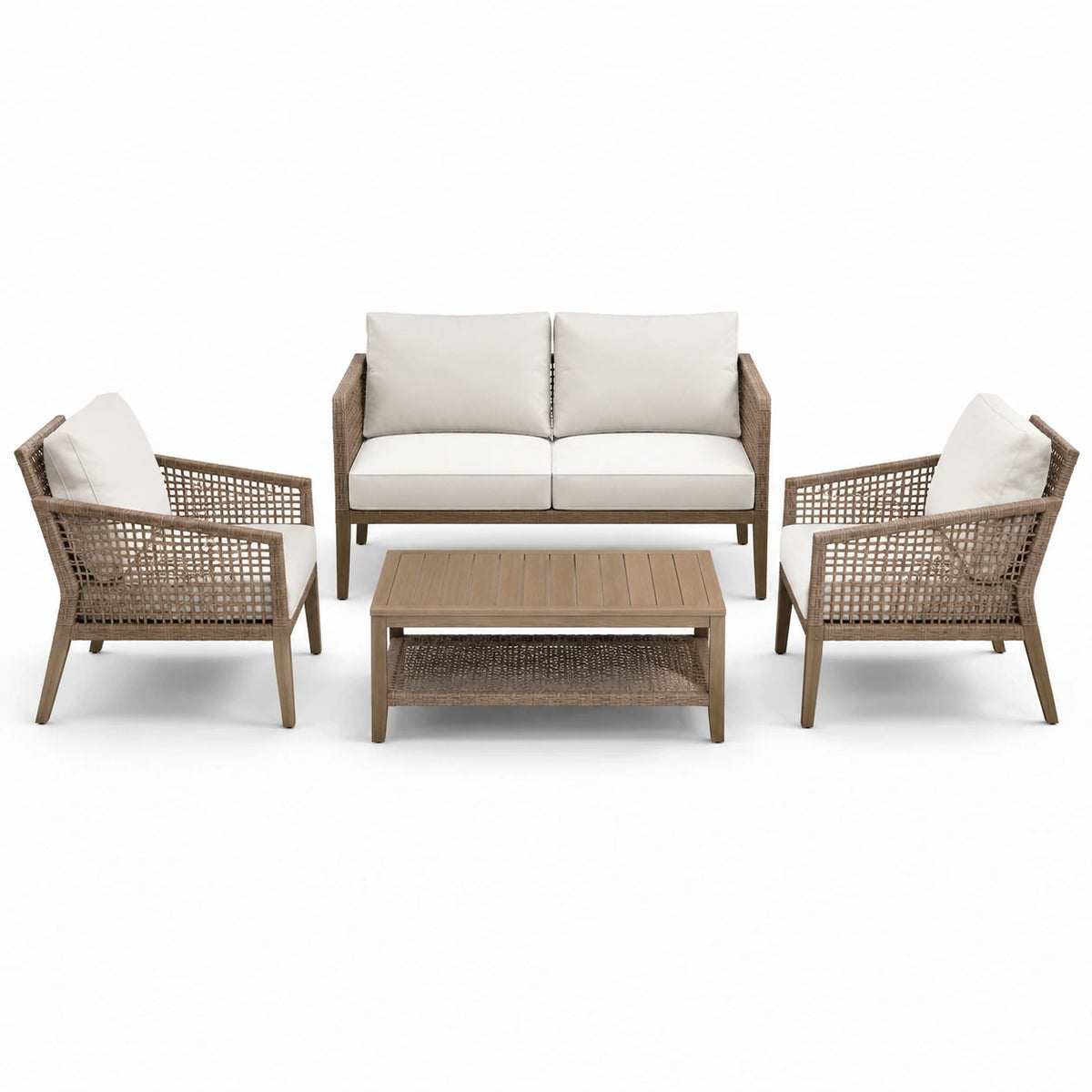 Salon de jardin 4 pièces taupe et écru – canapé 129 x 75 x 83 cm, fauteuils 72 x 75 x 83 cm et table 90 x 50 x 40 cm