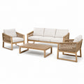 Ensemble de jardin 4 pièces en bois naturel et cordage tressé avec coussins blanc cassé – canapé 195 x 78 x 78 cm, fauteuils 74 x 78 x 78 cm et table 120 x 60 x 38 cm