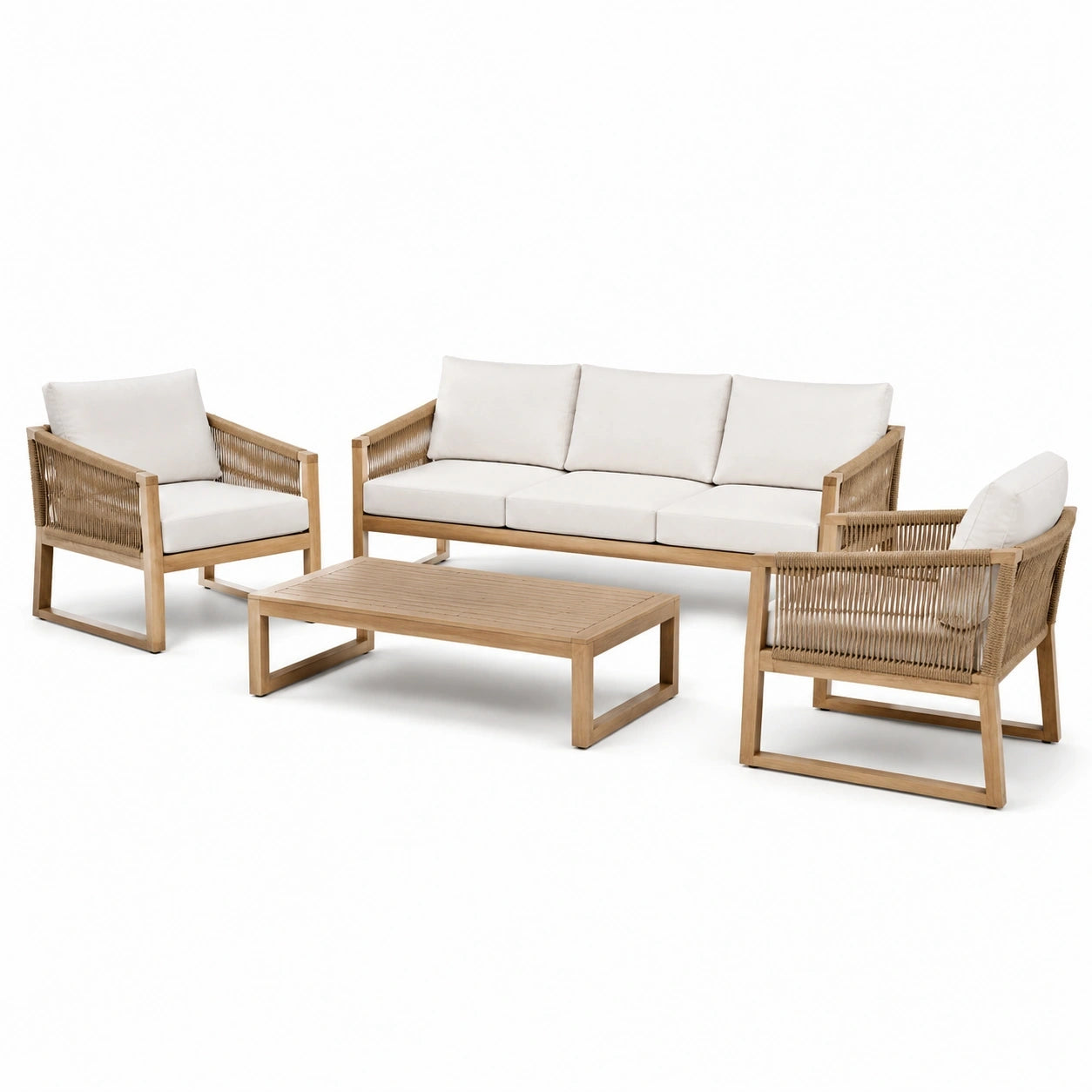 Ensemble de jardin 4 pièces en bois naturel et cordage tressé avec coussins blanc cassé – canapé 195 x 78 x 78 cm, fauteuils 74 x 78 x 78 cm et table 120 x 60 x 38 cm