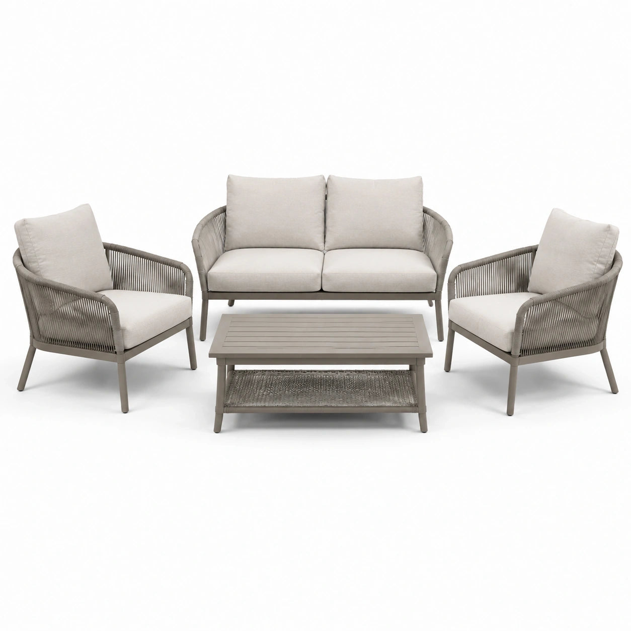 Ensemble de jardin 4 pièces taupe et beige : canapé 132 x 75 x 78 cm, fauteuils 70 x 75 x 78 cm et table 100 x 55 x 42 cm