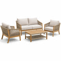 Ensemble 4 pièces en bois naturel, corde beige et tissu écru – canapé 145 x 78 x 78 cm, fauteuils 75 x 78 x 78 cm et table 100 x 60 x 45 cm