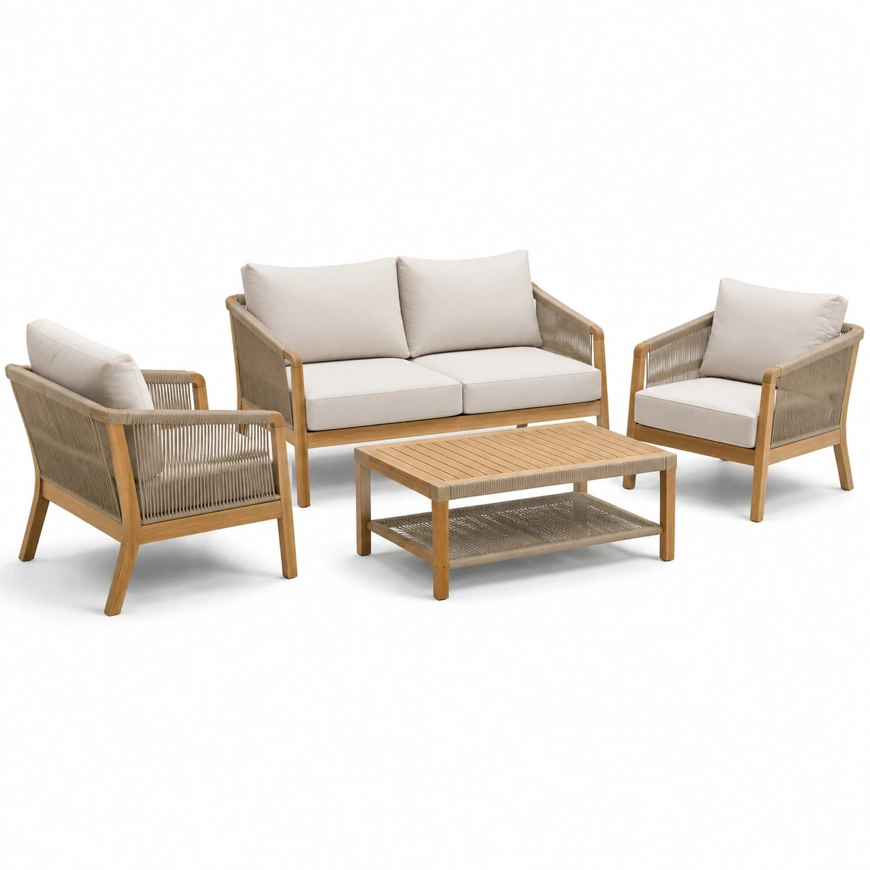 Ensemble 4 pièces en bois naturel, corde beige et tissu écru – canapé 145 x 78 x 78 cm, fauteuils 75 x 78 x 78 cm et table 100 x 60 x 45 cm