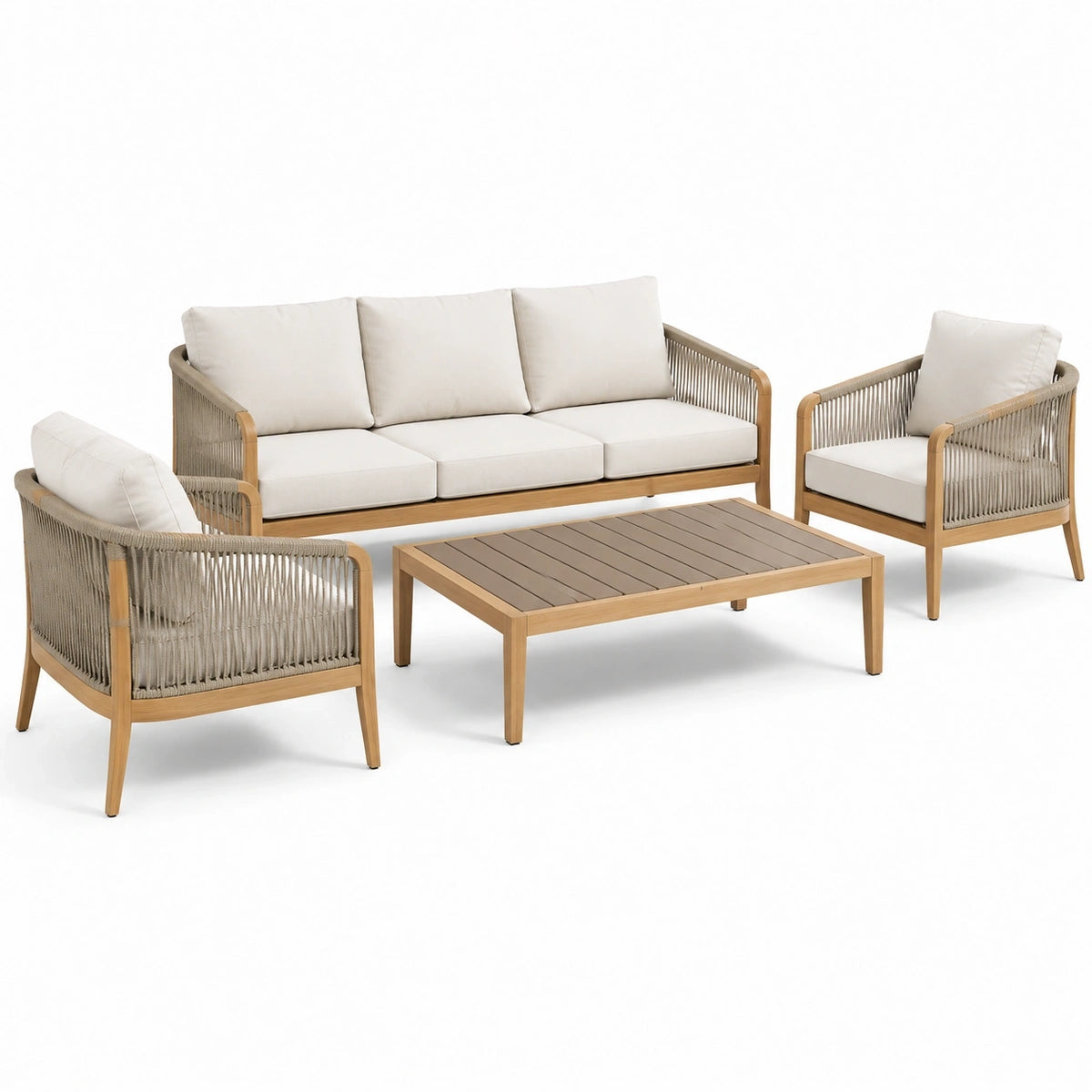 Salon de jardin 4 pièces beige, taupe et marron clair avec canapé 190 x 78 x 78 cm, 2 fauteuils 75 x 78 x 78 cm et table basse 120 x 70 x 38 cm