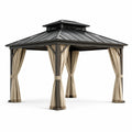 Pavillon de jardin en métal anthracite avec rideaux beiges et toit rigide ventilé, 300 x 300 x 290 cm