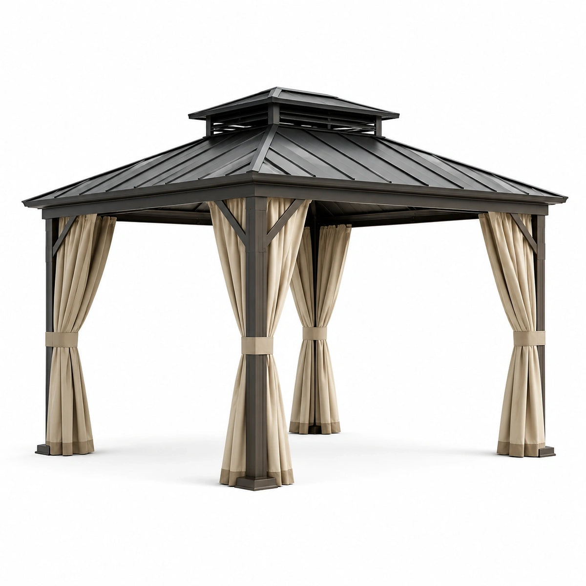 Pavillon de jardin en métal anthracite avec rideaux beiges et toit rigide ventilé, 300 x 300 x 290 cm