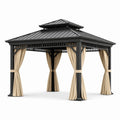 Pavillon de jardin anthracite et beige avec toit rigide à double niveau et rideaux, 360 x 360 x 310 cm